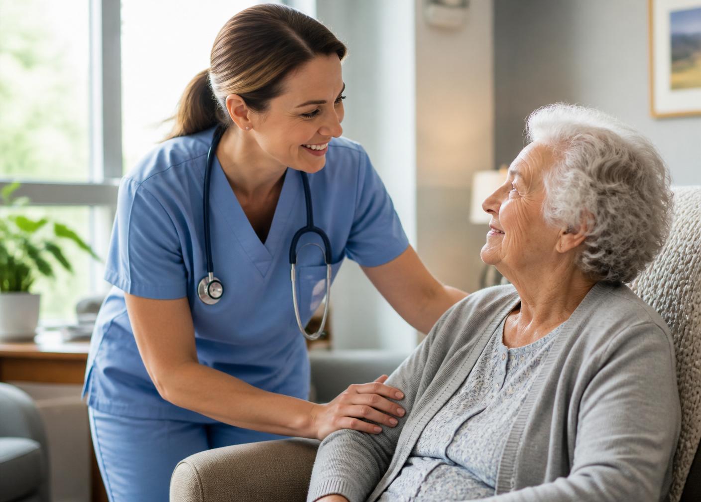 Nurse speaking with an elderly resident in a bright care facility room